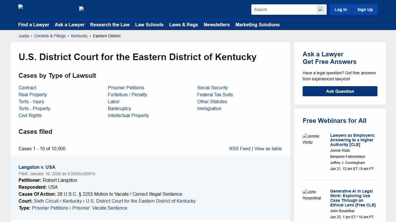 Cases, Dockets and Filings in the U.S. District Court for the Eastern District of Kentucky | Justia Dockets & Filings